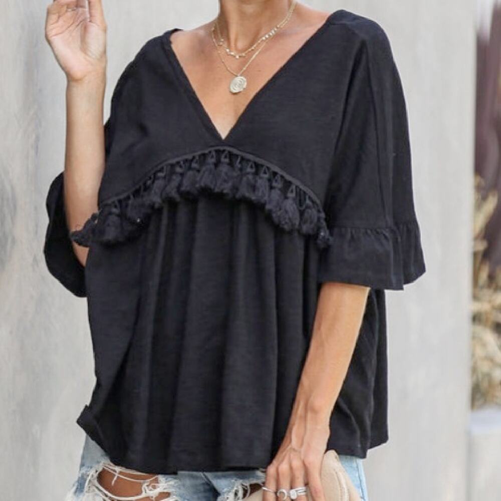 NEW Free the Roses Black Oversized Tassel Top Size Small Boho Chic